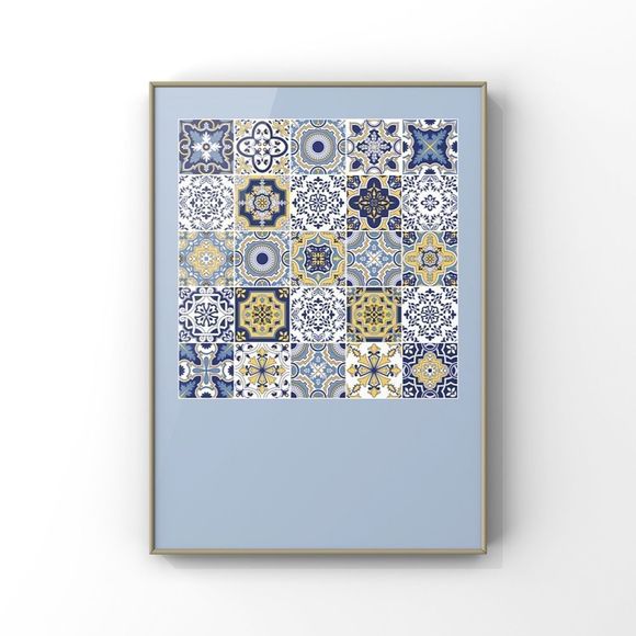 Moroccan Tribal Trendy Tile Blue yellow Poster Wall Art set of four Art Print - Picture 6 of 12